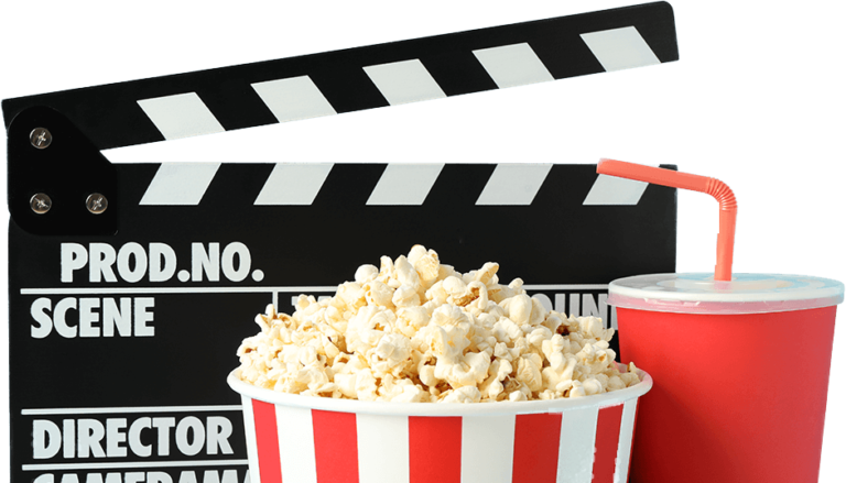 clapperboard bucket with popcorn and drink